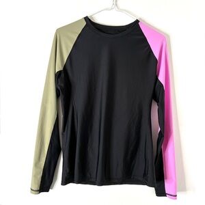 Prana Long Sleeve Crew Neck Colorblock Performance Top Black Pink Green
